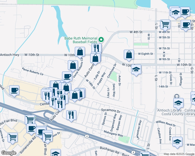 map of restaurants, bars, coffee shops, grocery stores, and more near 1505 Tulip Drive in Antioch
