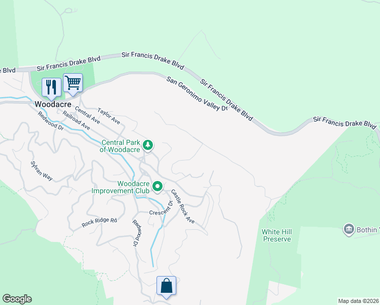 map of restaurants, bars, coffee shops, grocery stores, and more near 39 Fire Road in Woodacre