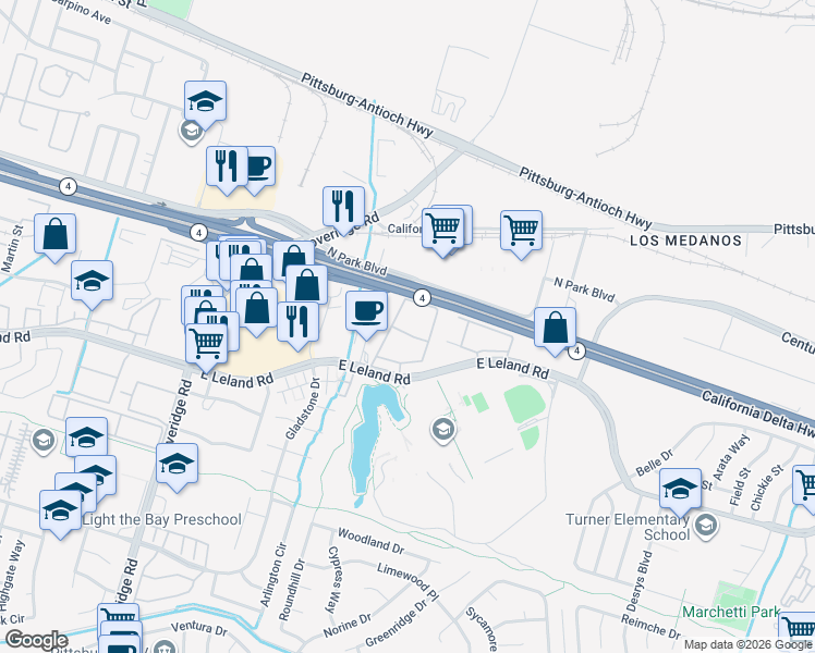 map of restaurants, bars, coffee shops, grocery stores, and more near 2205 East Leland Road in Pittsburg