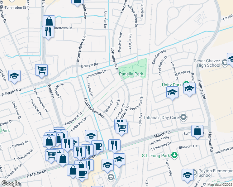 map of restaurants, bars, coffee shops, grocery stores, and more near 5510 Governor Circle in Stockton