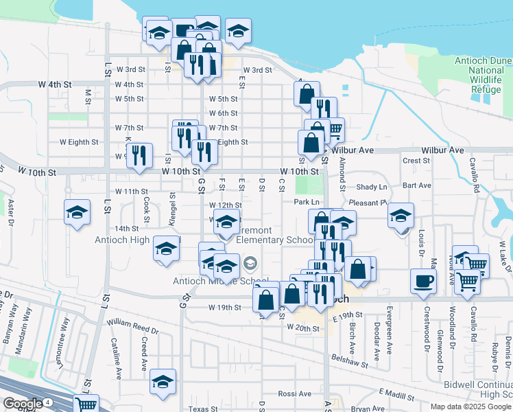 map of restaurants, bars, coffee shops, grocery stores, and more near 1104 D Street in Antioch