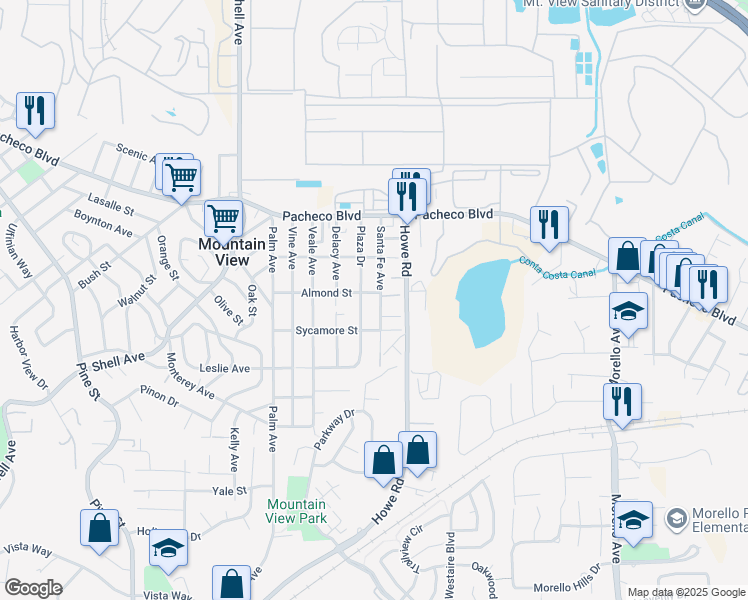 map of restaurants, bars, coffee shops, grocery stores, and more near 1211 Santa Fe Avenue in Martinez
