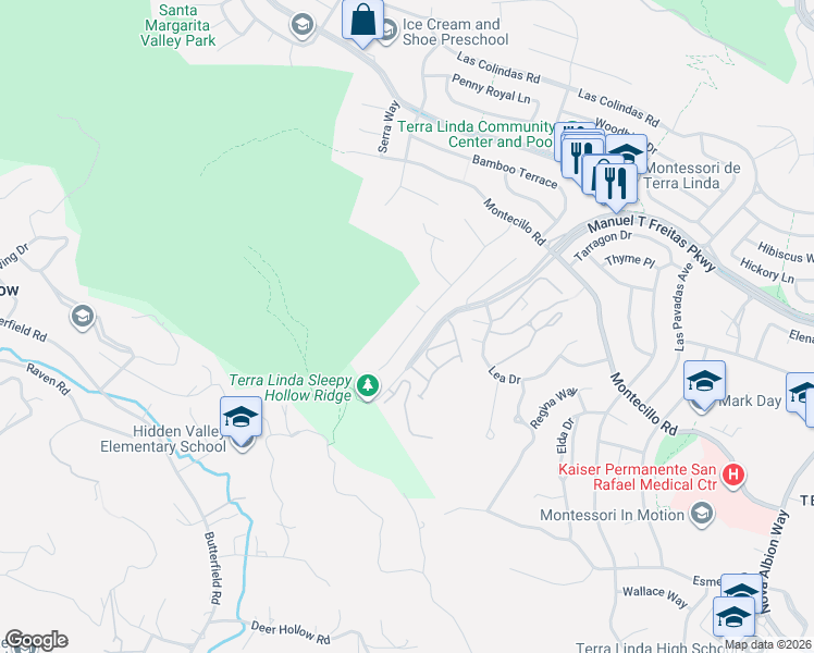 map of restaurants, bars, coffee shops, grocery stores, and more near 842 Butternut Drive in San Rafael