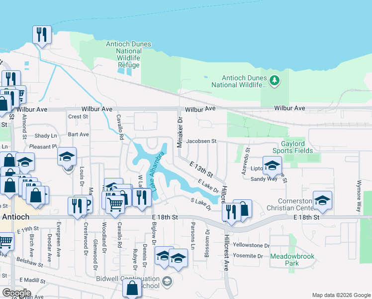 map of restaurants, bars, coffee shops, grocery stores, and more near 1212 Miller Street in Antioch