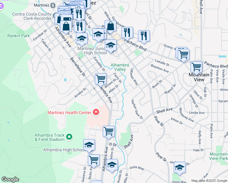 map of restaurants, bars, coffee shops, grocery stores, and more near 2027 Castro Street in Martinez