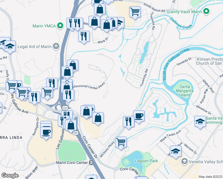 map of restaurants, bars, coffee shops, grocery stores, and more near 270 Channing Way in San Rafael