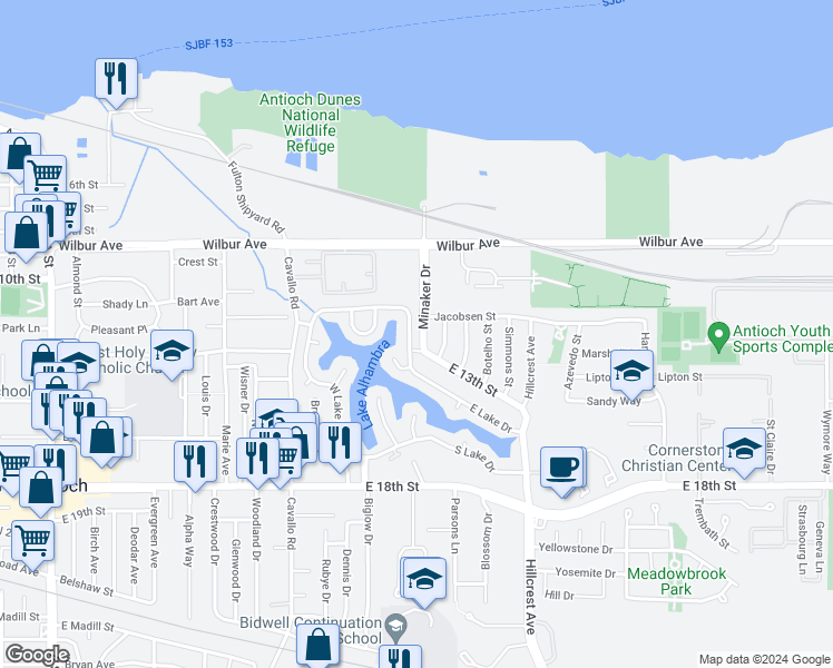 map of restaurants, bars, coffee shops, grocery stores, and more near 1212 Minaker Drive in Antioch