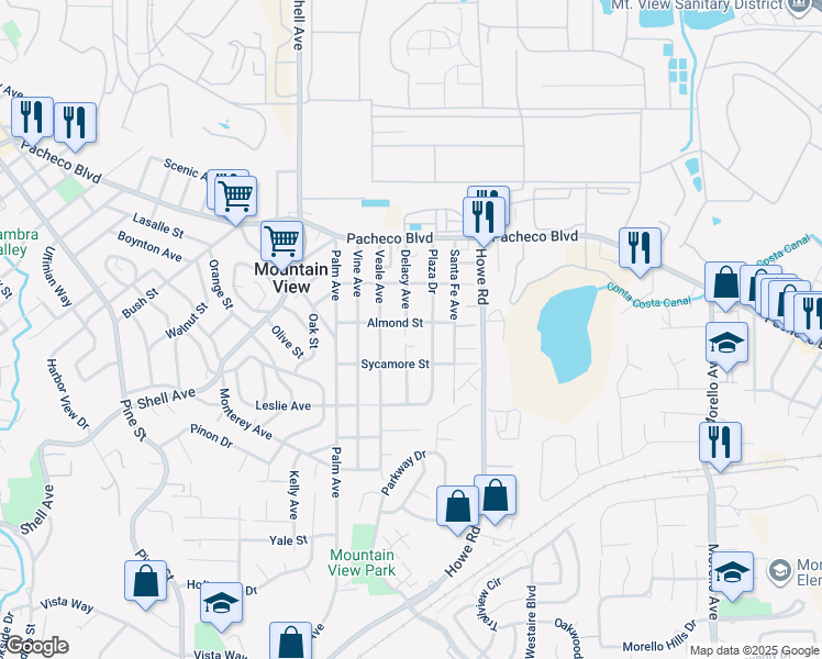 map of restaurants, bars, coffee shops, grocery stores, and more near 2910 Almond Street in Martinez