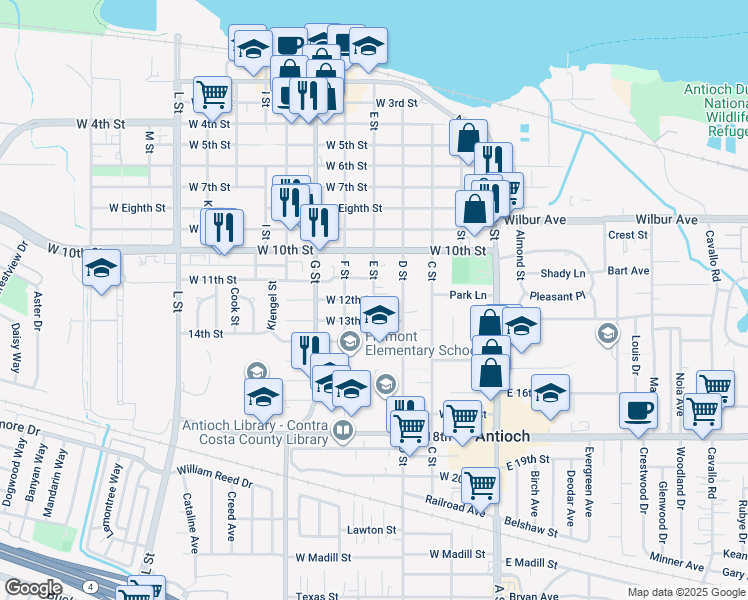 map of restaurants, bars, coffee shops, grocery stores, and more near E St & W 12th St in Antioch