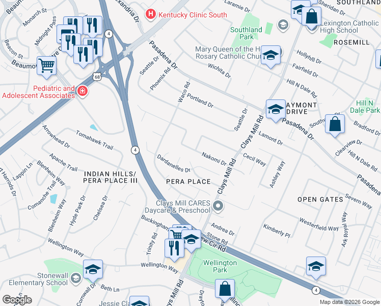 map of restaurants, bars, coffee shops, grocery stores, and more near 643 Cecil Way in Lexington