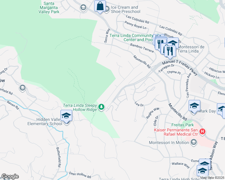 map of restaurants, bars, coffee shops, grocery stores, and more near 842 Butternut Drive in San Rafael