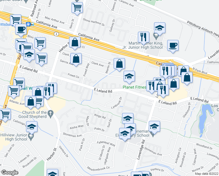 map of restaurants, bars, coffee shops, grocery stores, and more near 268 Whimbrel Circle in Pittsburg