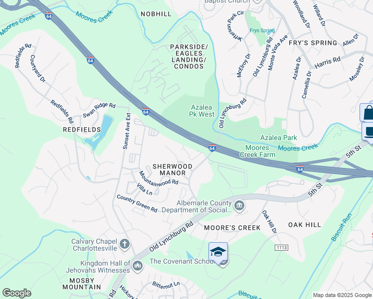 map of restaurants, bars, coffee shops, grocery stores, and more near 325 Timberland Lane in Charlottesville