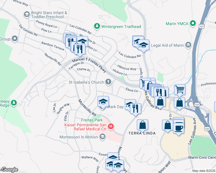 map of restaurants, bars, coffee shops, grocery stores, and more near 1 Trinity Way in San Rafael
