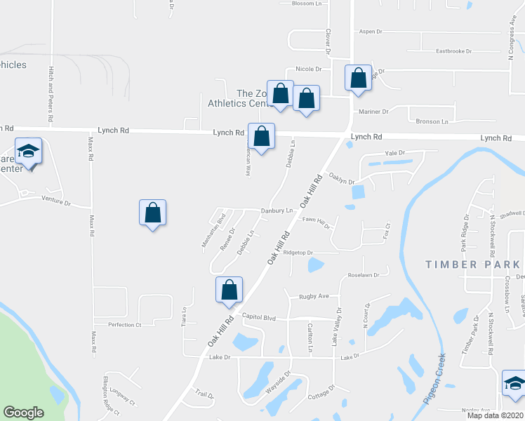 map of restaurants, bars, coffee shops, grocery stores, and more near 2576 Danbury Lane in Evansville