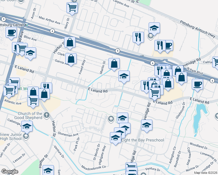 map of restaurants, bars, coffee shops, grocery stores, and more near 225 Whimbrel Circle in Pittsburg