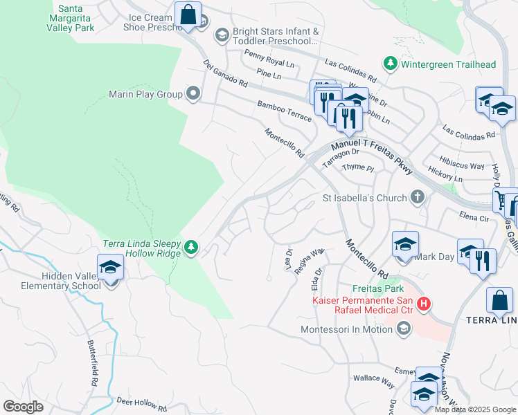 map of restaurants, bars, coffee shops, grocery stores, and more near 916 Lea Drive in San Rafael