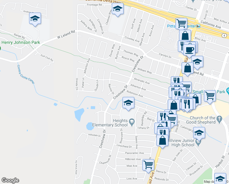 map of restaurants, bars, coffee shops, grocery stores, and more near 289 Ravine Drive in Pittsburg