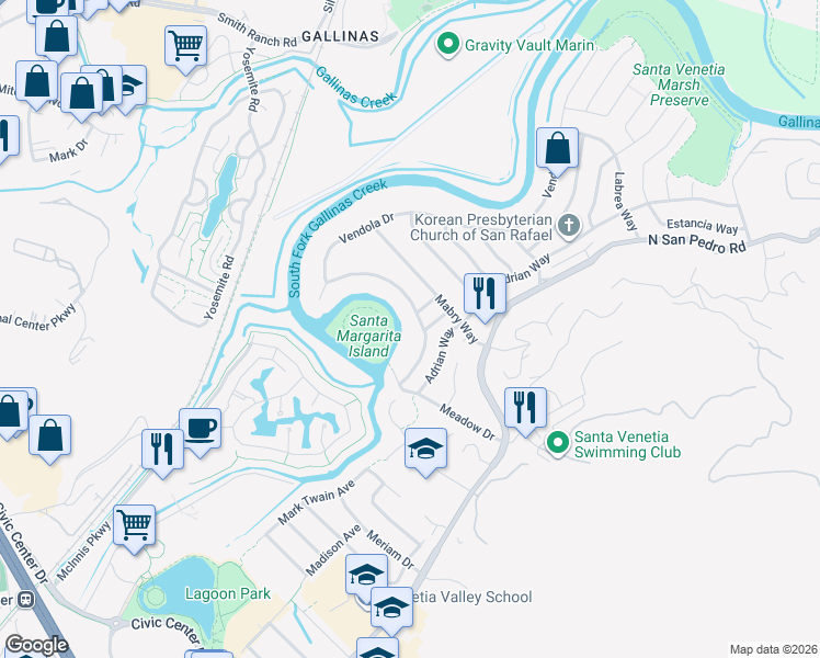 map of restaurants, bars, coffee shops, grocery stores, and more near 31 Vendola Drive in San Rafael