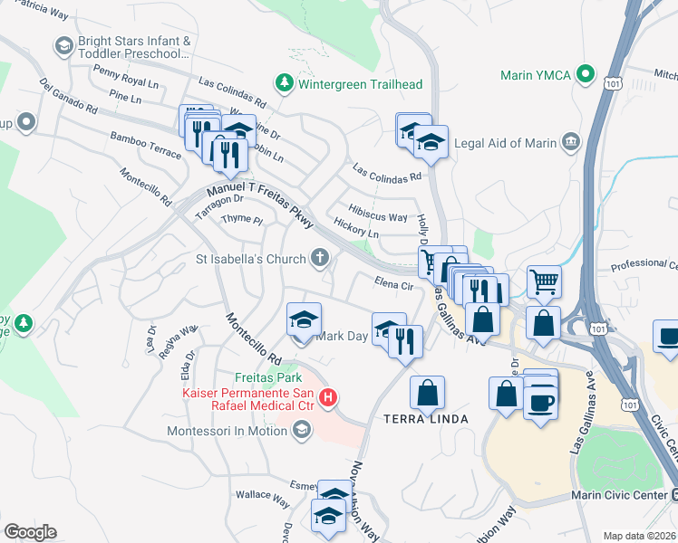 map of restaurants, bars, coffee shops, grocery stores, and more near 1 Trinity Way in San Rafael