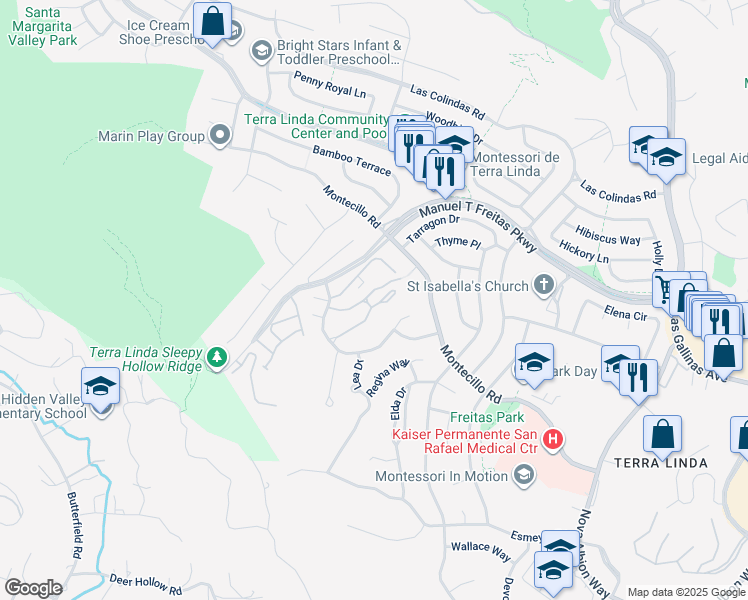 map of restaurants, bars, coffee shops, grocery stores, and more near 104 Surrey Lane in San Rafael