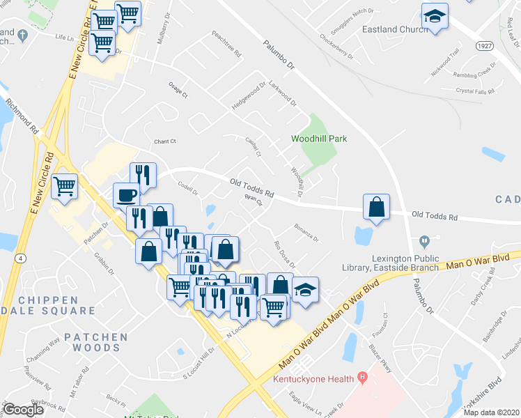 map of restaurants, bars, coffee shops, grocery stores, and more near 2852 Ryan Circle in Lexington