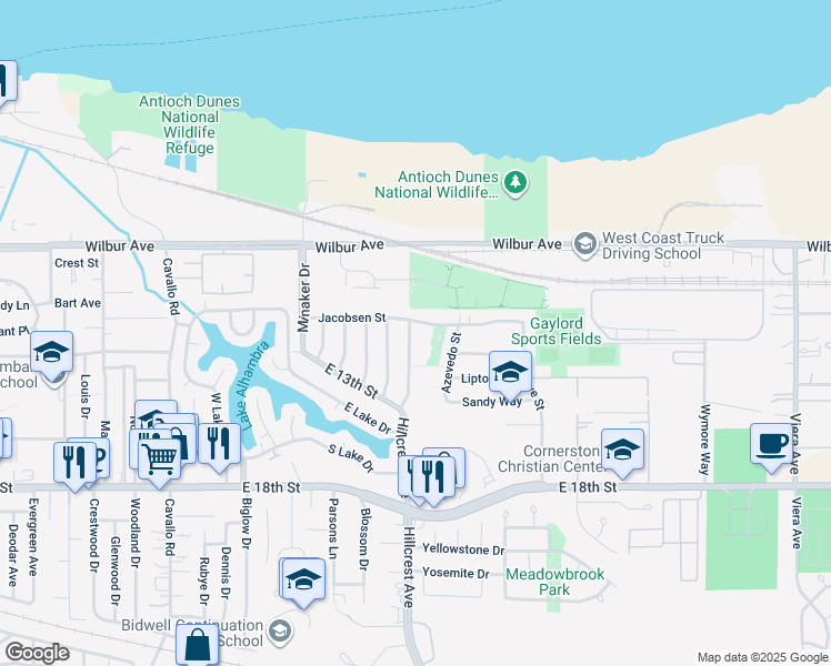 map of restaurants, bars, coffee shops, grocery stores, and more near 1207 Hillcrest Avenue in Antioch