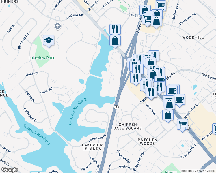 map of restaurants, bars, coffee shops, grocery stores, and more near 2412 Lake Park Road in Lexington