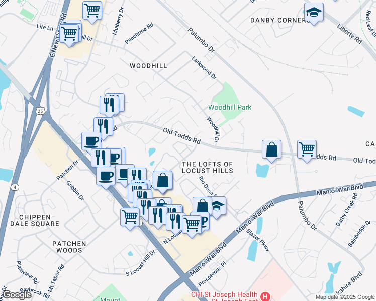 map of restaurants, bars, coffee shops, grocery stores, and more near 2852 Ryan Circle in Lexington