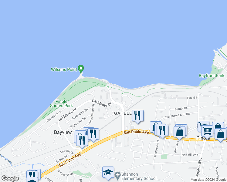map of restaurants, bars, coffee shops, grocery stores, and more near 706 Live Oak Lane in Pinole