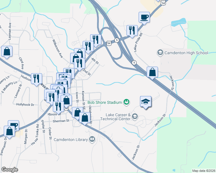 map of restaurants, bars, coffee shops, grocery stores, and more near 145 Township Road in Camdenton