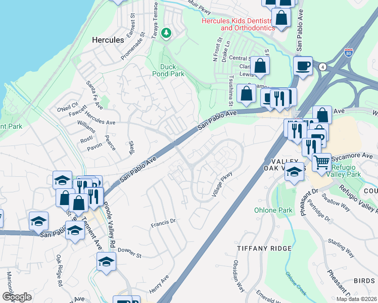 map of restaurants, bars, coffee shops, grocery stores, and more near 109 Devonwood in Hercules