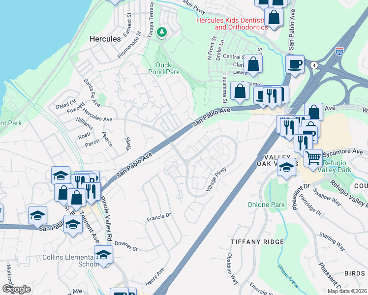 map of restaurants, bars, coffee shops, grocery stores, and more near 109 Devonwood in Hercules
