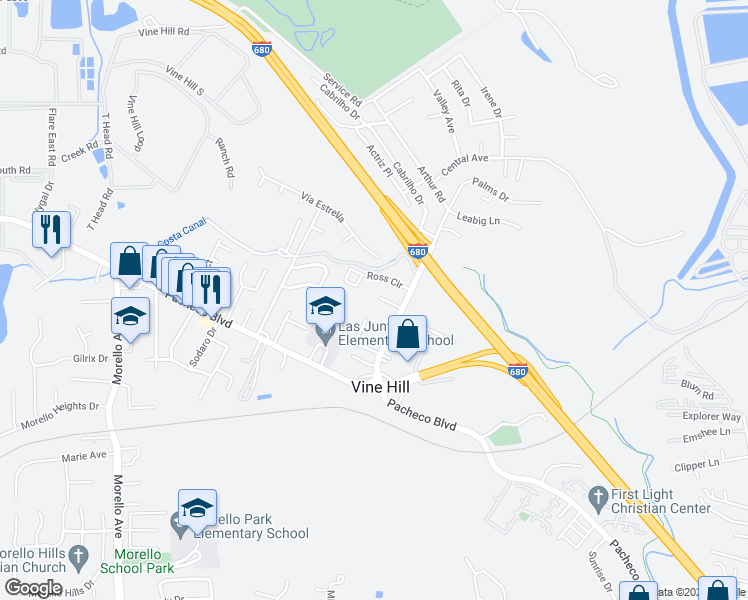 map of restaurants, bars, coffee shops, grocery stores, and more near 123-125 Anderson Way in Martinez