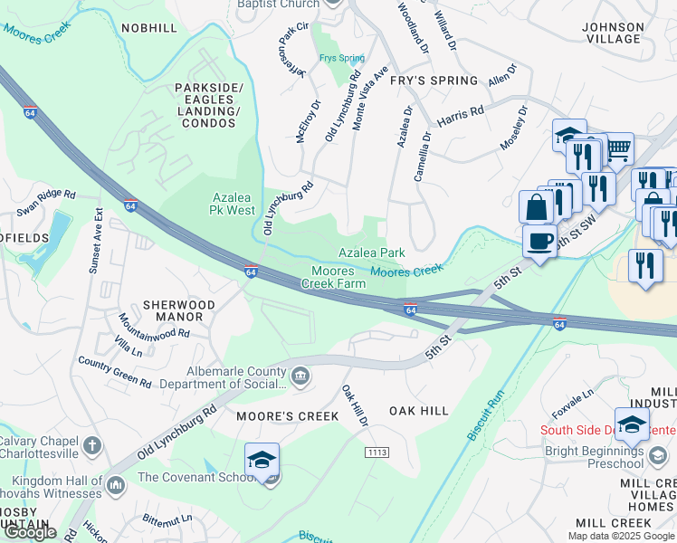 map of restaurants, bars, coffee shops, grocery stores, and more near 410 Old Lynchburg Road in Charlottesville