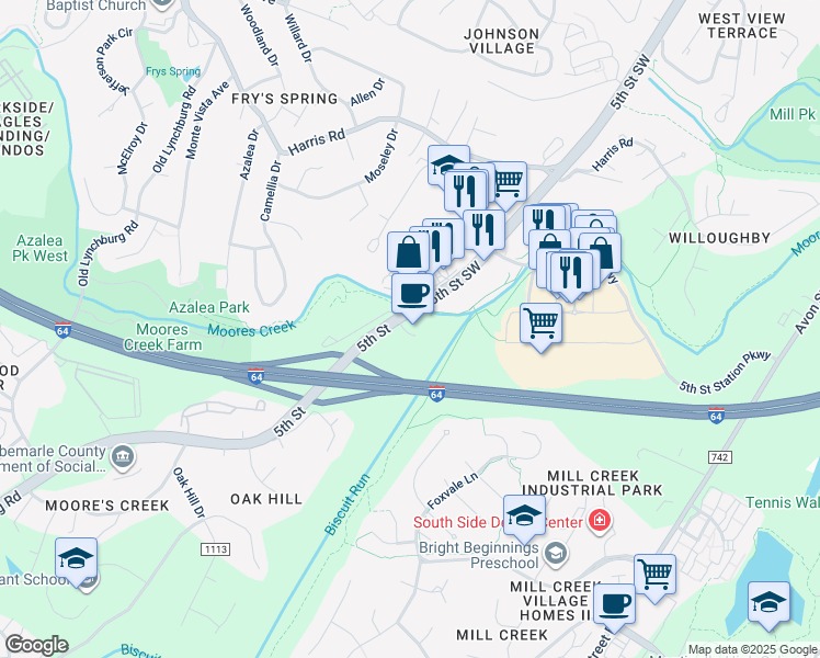map of restaurants, bars, coffee shops, grocery stores, and more near 601 5th Street Southwest in Charlottesville