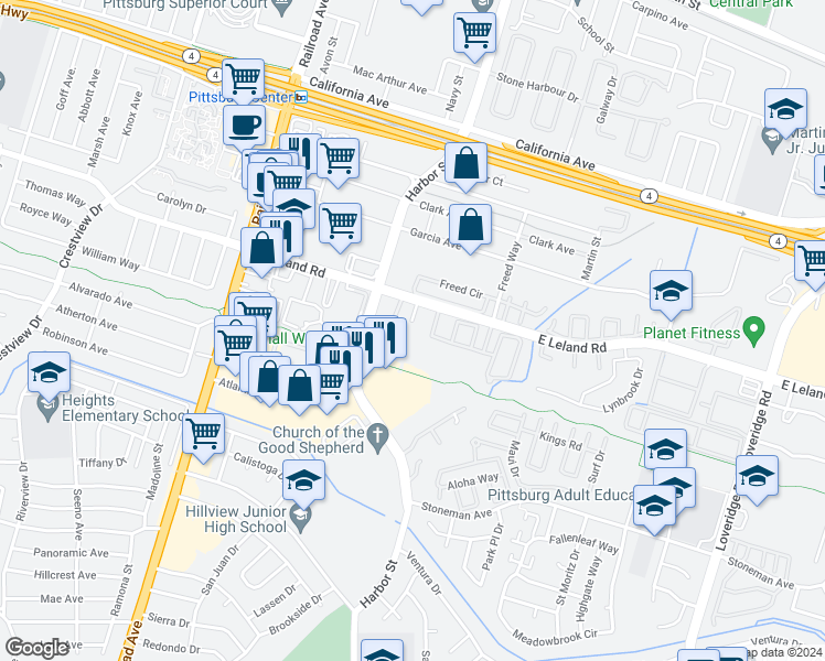 map of restaurants, bars, coffee shops, grocery stores, and more near 2221 Leland Court in Pittsburg