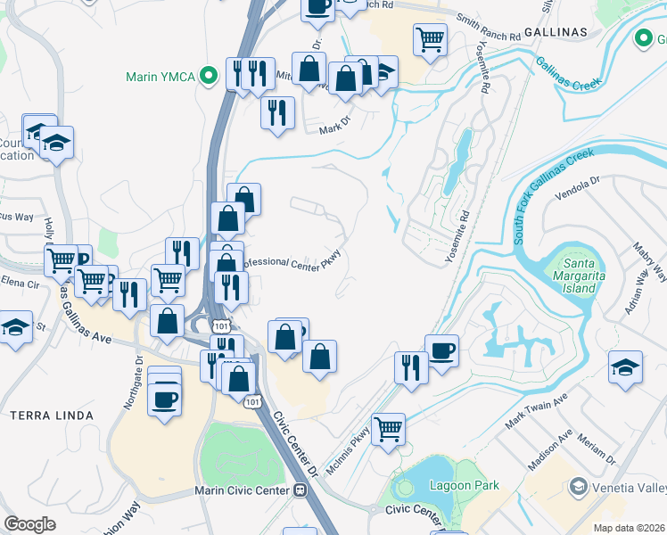 map of restaurants, bars, coffee shops, grocery stores, and more near 115 Professional Center Parkway in San Rafael