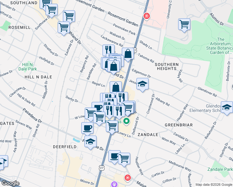 map of restaurants, bars, coffee shops, grocery stores, and more near in Lexington