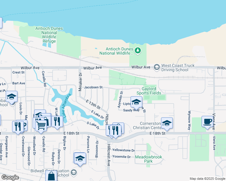 map of restaurants, bars, coffee shops, grocery stores, and more near 1412 Jacobsen Street in Antioch