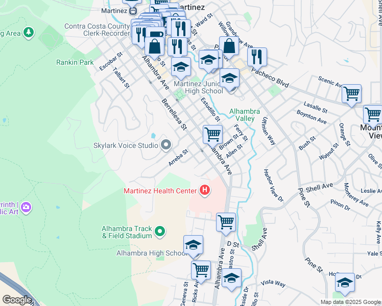 map of restaurants, bars, coffee shops, grocery stores, and more near 1715 Richardson Street in Martinez