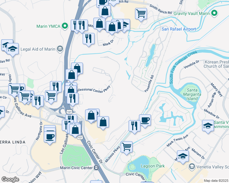 map of restaurants, bars, coffee shops, grocery stores, and more near 267 Channing Way in San Rafael