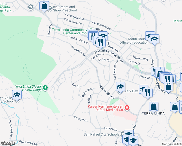 map of restaurants, bars, coffee shops, grocery stores, and more near 106 Forest Lane in San Rafael