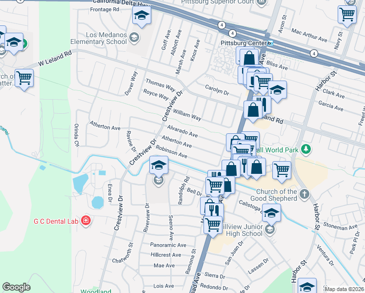 map of restaurants, bars, coffee shops, grocery stores, and more near 93 Atherton Avenue in Pittsburg