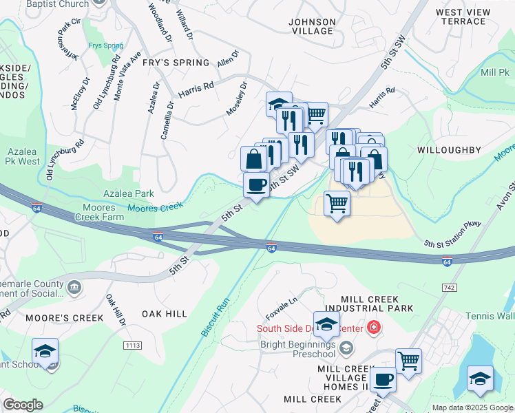 map of restaurants, bars, coffee shops, grocery stores, and more near 601 Fifth Street Landing in Lake Monticello