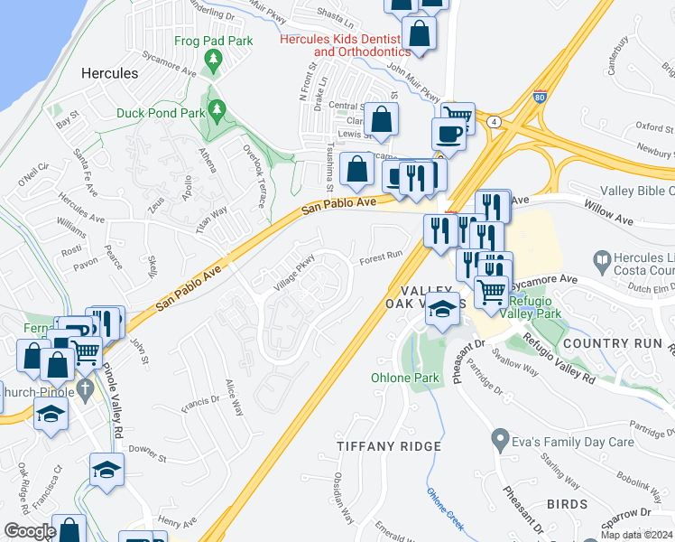 map of restaurants, bars, coffee shops, grocery stores, and more near 350 North Wildwood in Hercules