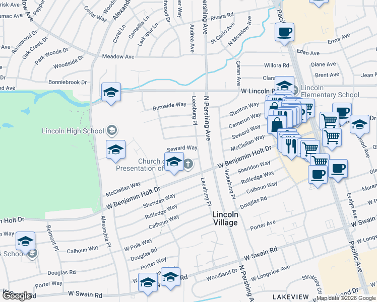 map of restaurants, bars, coffee shops, grocery stores, and more near 1520 Seward Way in Stockton