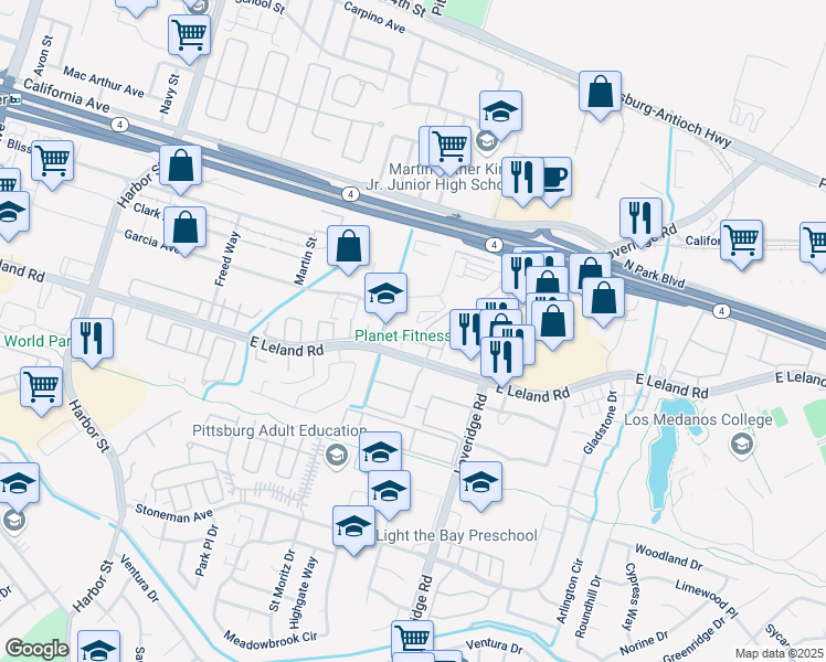 map of restaurants, bars, coffee shops, grocery stores, and more near 125 Piedmont Lane in Pittsburg