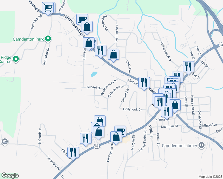 map of restaurants, bars, coffee shops, grocery stores, and more near 201 East Mulberry Lane in Camdenton