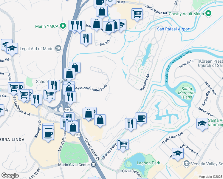 map of restaurants, bars, coffee shops, grocery stores, and more near 267 Channing Way in San Rafael